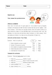 English Worksheet: SPECIAL NUMBERS