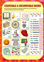 English Worksheet: countable & uncountable nouns