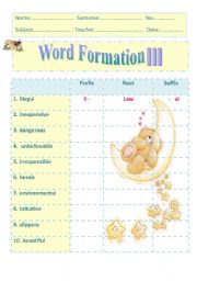 English Worksheet: WORD FORMATION  [prefix, root, suffix]