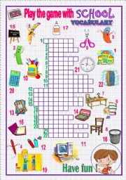 English Worksheet: play the game with school vocabulary - crossword puzzle