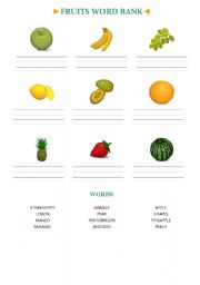 English worksheet: Fruits Word Bank
