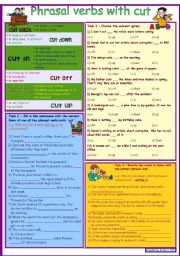 English Worksheet: Phrasal verbs with CUT *** with dictionary *** 3 tasks *** with key *** fully editable *** B&W version