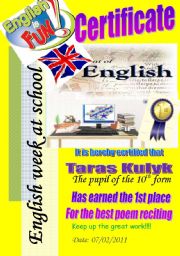 English Worksheet: Certificate. 1st place