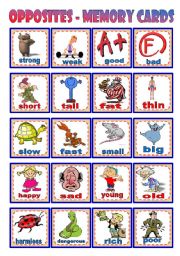 English Worksheet: Opposites  Memory cards  20 cards (pictures + words)  B&W version  cut & glue exercise  3 pages  editable