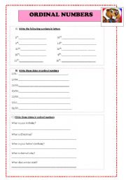 English Worksheet: ordinal numbers and Dates