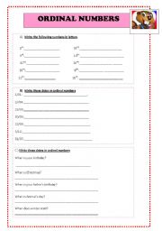 English Worksheet: ordinal numbers and Dates