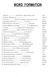 English Worksheet:  !!! WORD  FORMATION  25 sentences + KEY !!! 