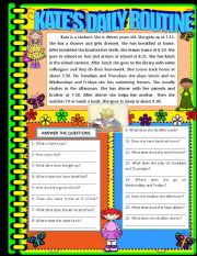 English Worksheet: KATES DAILY ROUTINE (READING AND COMPREHENSION)