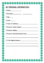 English Worksheet: My personal information