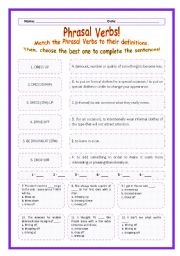 English Worksheet: > Phrasal Verbs Practice 26! > --*-- Definitions + Exercise --*-- BW Included --*-- Fully Editable With Key!
