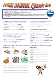 English Worksheet: Present Continuous( Be+V-ing) Affirmative Form. Lesson + exercises