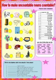 English Worksheet: How to make uncountable nouns countable?