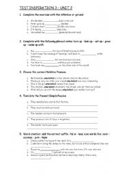 English Worksheet: Grammar: Inf or Gerund - Phrasal Verbs - Relative Pronouns - Passive voice - Wordbuilding - Adjectives 