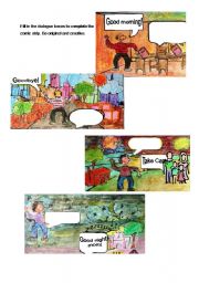 English Worksheet: Greetings and Activity Comic Strip