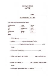 English worksheet: water cycle test