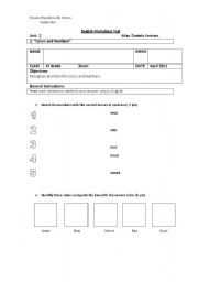 English worksheet: English test about colors and numbers