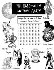 English Worksheet: Halloween Costume Party Word search