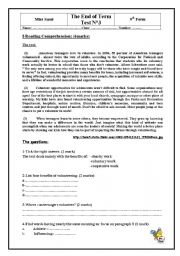 English Worksheet: READING COMPREHANSION ABOUT VOLUNTEERING