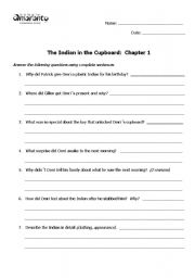 English worksheet: The Indian in the Cupboard comprehension questions