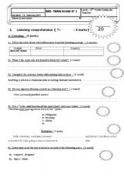 English Worksheet: Mid-term exam  4th Form students 