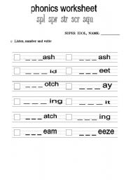 English Worksheet: phonics worksheet spl, spr, str, scr, squ