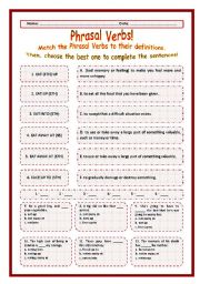 English Worksheet: > Phrasal Verbs Practice 28! > --*-- Definitions + Exercise --*-- BW Included --*-- Fully Editable With Key!