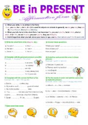 English Worksheet: Be in Present Simple: Affirmative form, Lesson and 6 exercises.