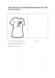 English worksheet: Write about your t-shirt and then draw and colour both.