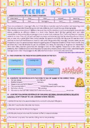 English Worksheet: Reading comprehension Teens World + do vs make + Relative Clauses (defining and non defining) KEY INCLUDED