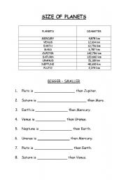 English worksheet: Comparative form - Size of planets