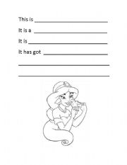 English worksheet: Jasmine from Aladdin description - describe a character / cartoon 