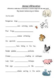 English Worksheet: Animal Alliteration