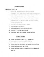 English worksheet: personal hygiene and safety rules