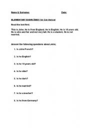 English Worksheet: Elementary Exercises