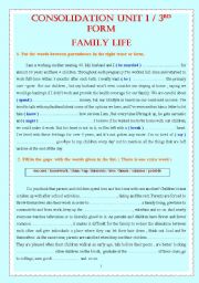 English Worksheet: CONSOLIDATION UNIT 1 / 3RD FORM FAMILY LIFE