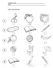 English Worksheet: Listen, check and color