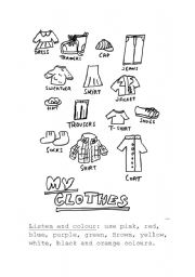 English Worksheet: Clothes activity: listen and color