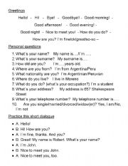 English worksheet: Greetings & Personal Info