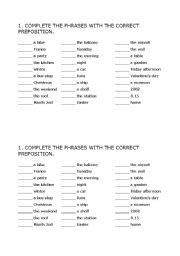 English Worksheet: Test - prepositions IN, ON, AT