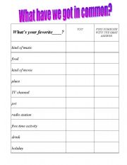 English Worksheet: Ice breaker activity about favorites