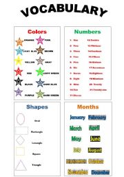 English Worksheet: Colors, Numbers, Shapes and Months