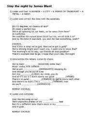 English Worksheet: Stay the night by James Blunt song exercise