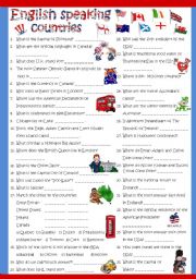 English Worksheet: English speaking countries - QUIZ (B&W + KEY included)