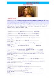 English Worksheet: 4 activities on song Because of you by kelly Clarkson (4 pages + key)