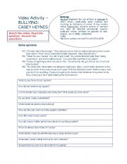 English Worksheet: Bullying: Casey Heynes - Video Activity