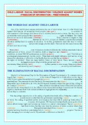 English Worksheet: CHILD LABOUR / RACIAL DISCRIMINATION / VIOLENCE AGAINST WOMEN / FREEDOM OF INFORMATION /  FREETHINKERS