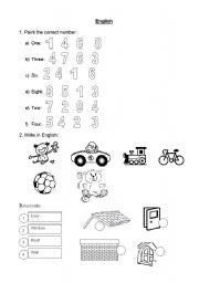 English worksheet: Numbers, toys, house