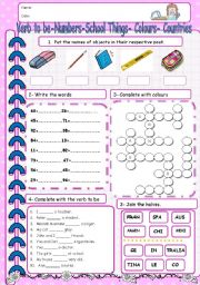 English Worksheet: Verb to be - Numbers - School things- Colours - Countries