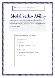 English worksheet: Modal verbs-ability