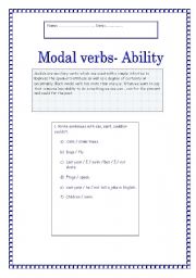 English Worksheet: Modal verbs-ability